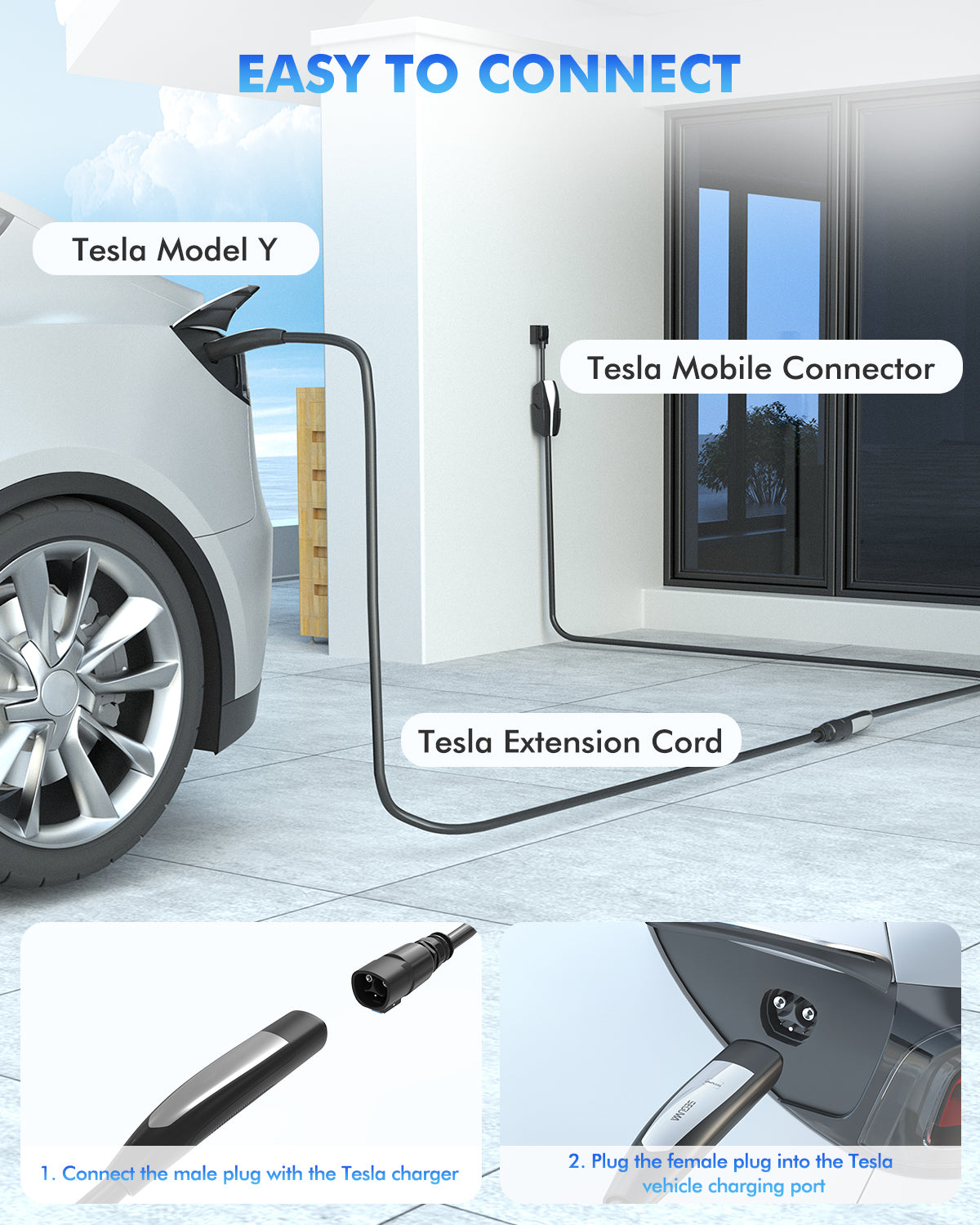 50A EV Extension Cord for Level 1/2 Tesla Mobile Charger/Wall Connector